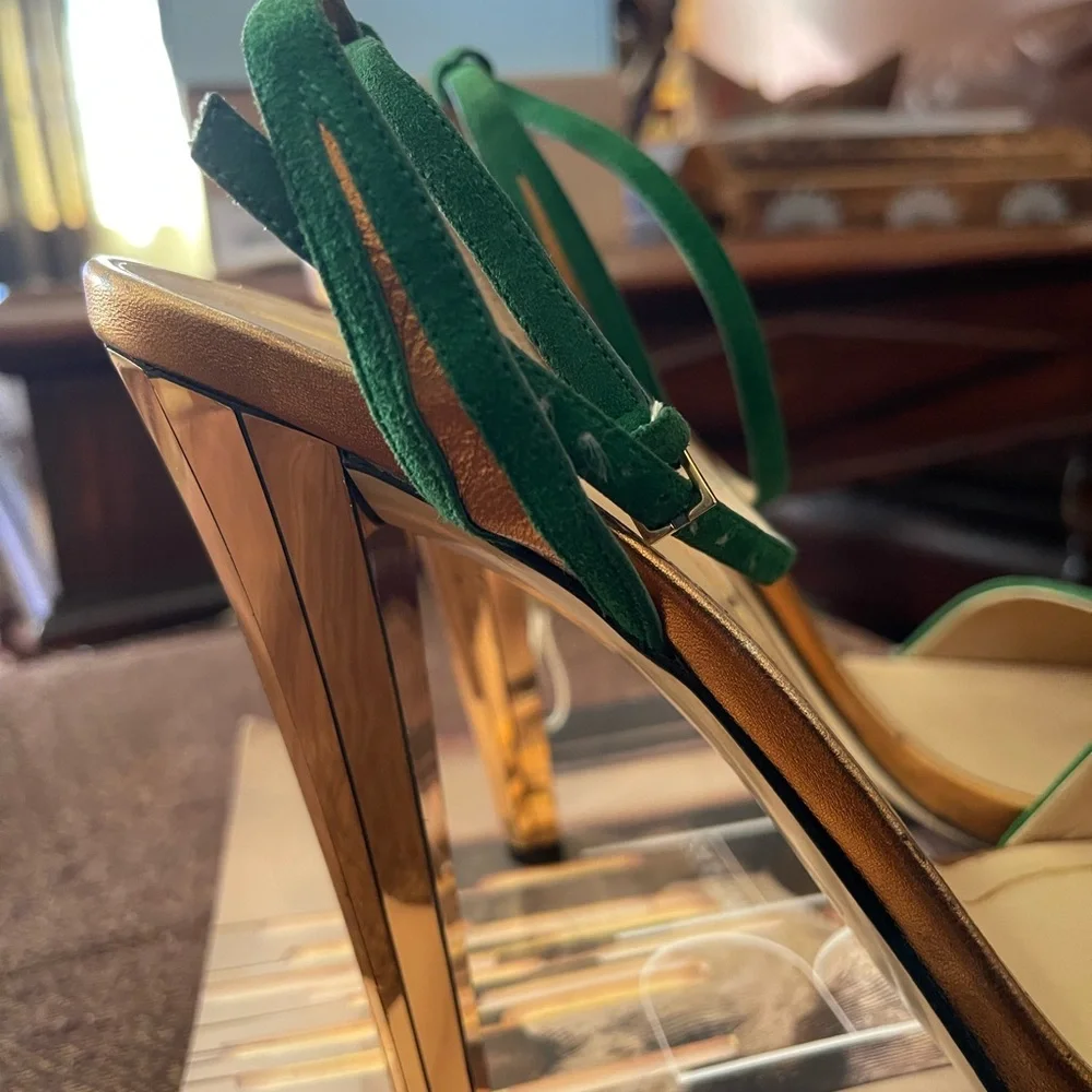 Gucci by Tom Ford RunwayGreen Suede Ankle-Tie High Heels with Metallic Gold Heel - Picture 2 of 8